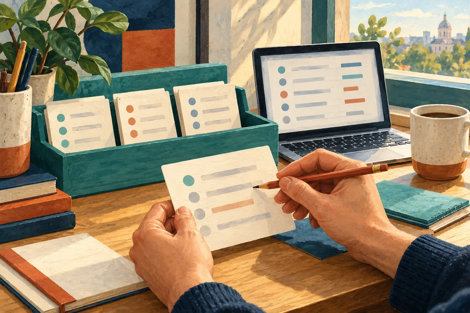 Hands review a task card beside a laptop and a tidy teal organizer in a sunlit office.