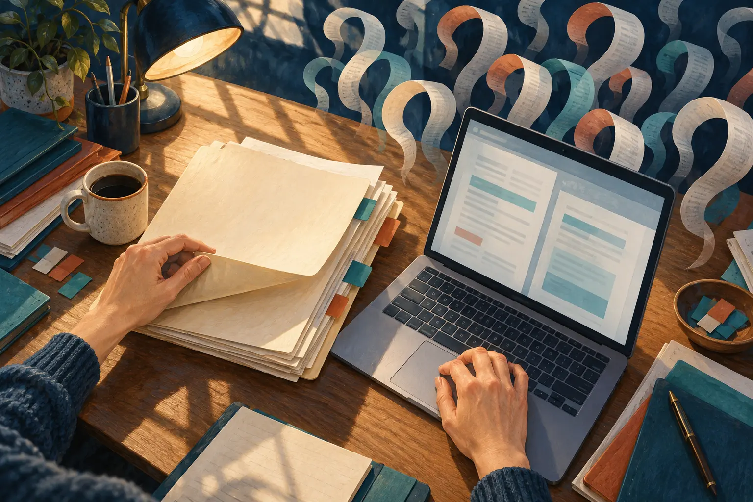 Hands compare a folder and laptop while paper question shapes rise behind the workspace.