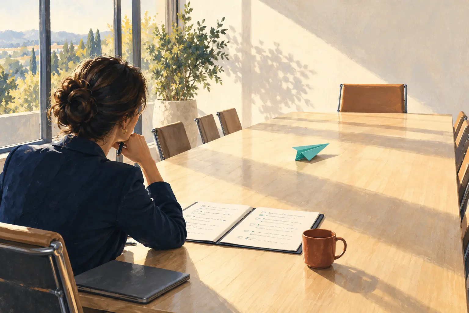 A research professional sits at a long table with a paper airplane and an empty chair opposite.