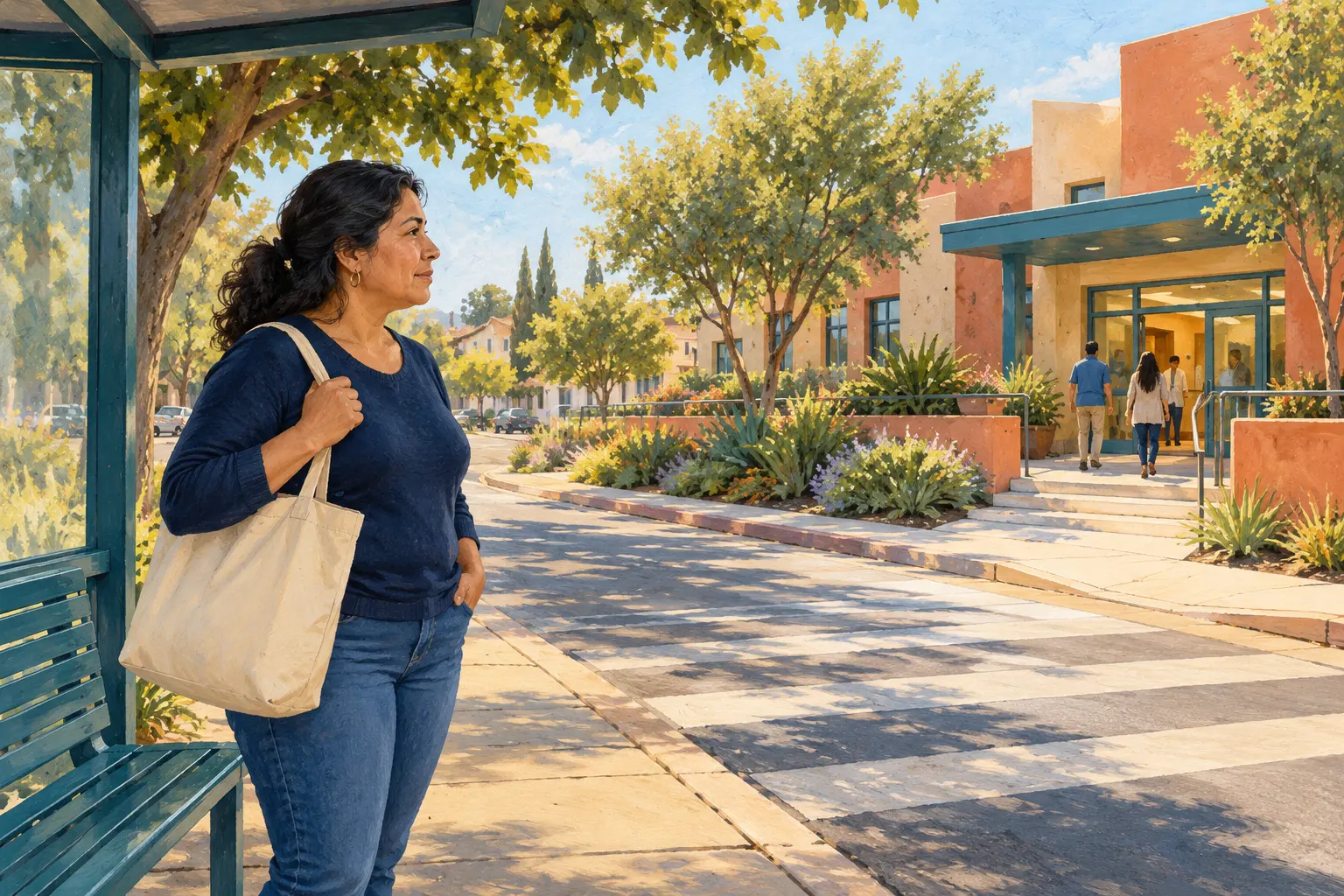 A woman with a tote waits at a shaded bus stop across from a welcoming clinic entrance.