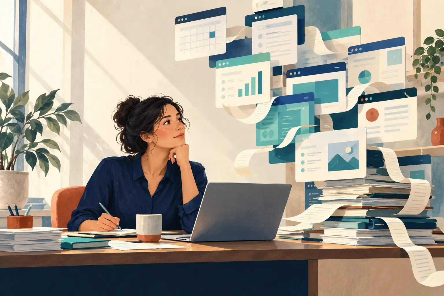 A coordinator faces a cascade of separate software windows and paper ribbons above her desk.