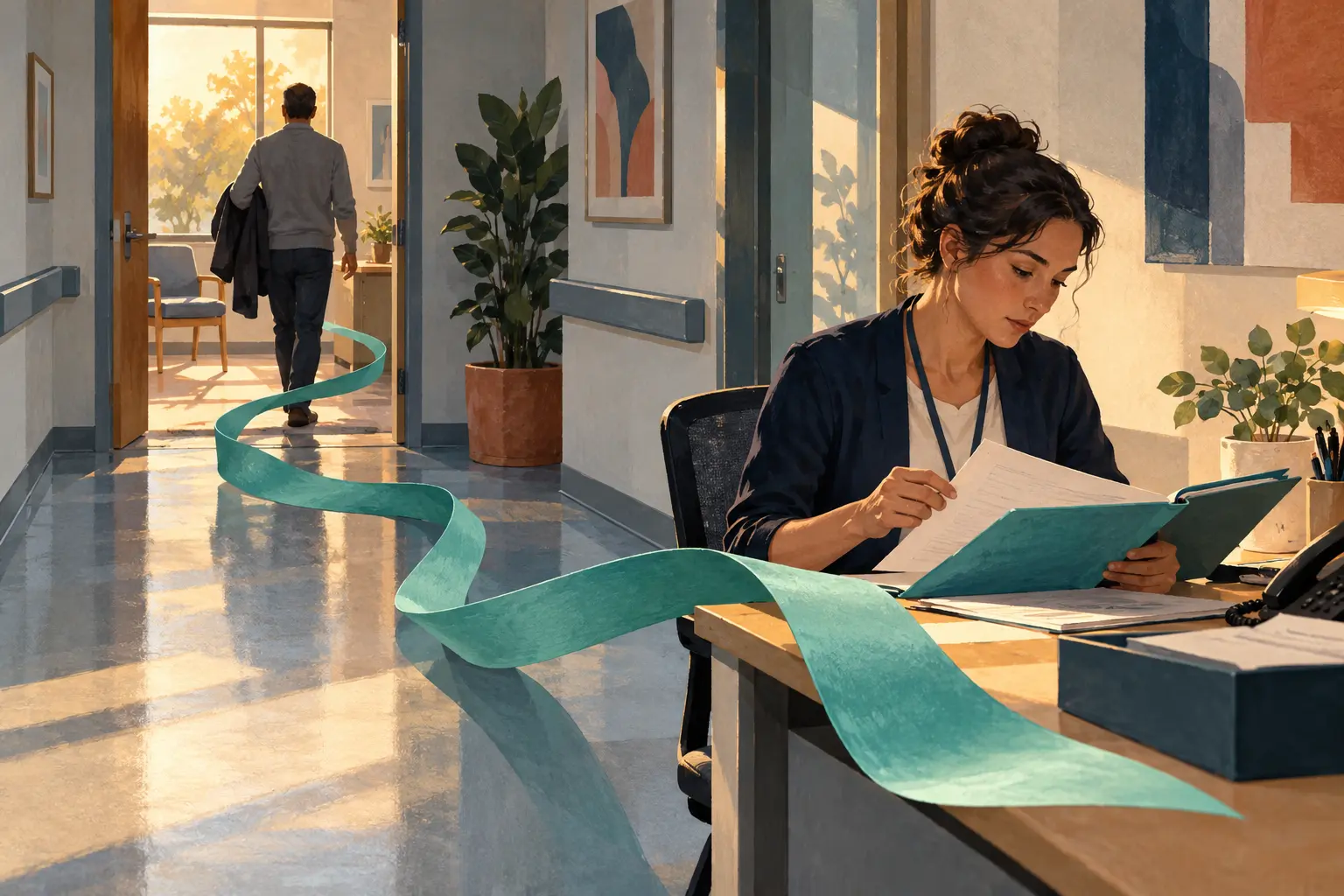 A coordinator reviews a folder as a participant leaves, connected by a long teal ribbon.