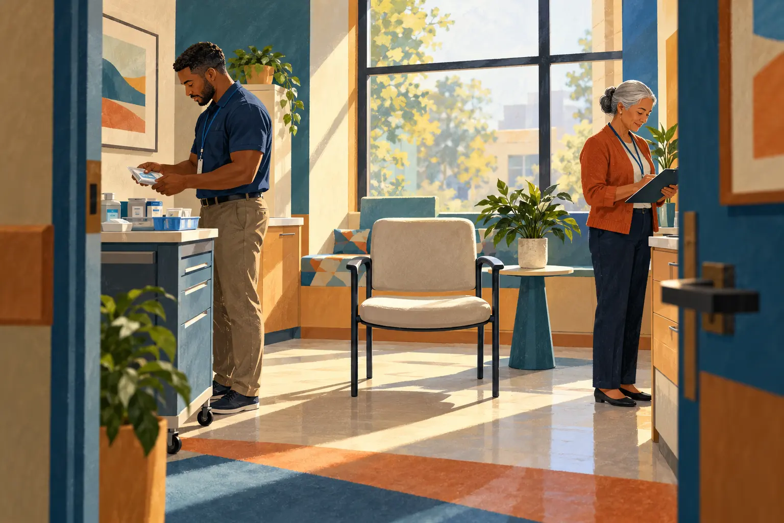 Two research colleagues prepare supplies and review a checklist around an empty participant chair.