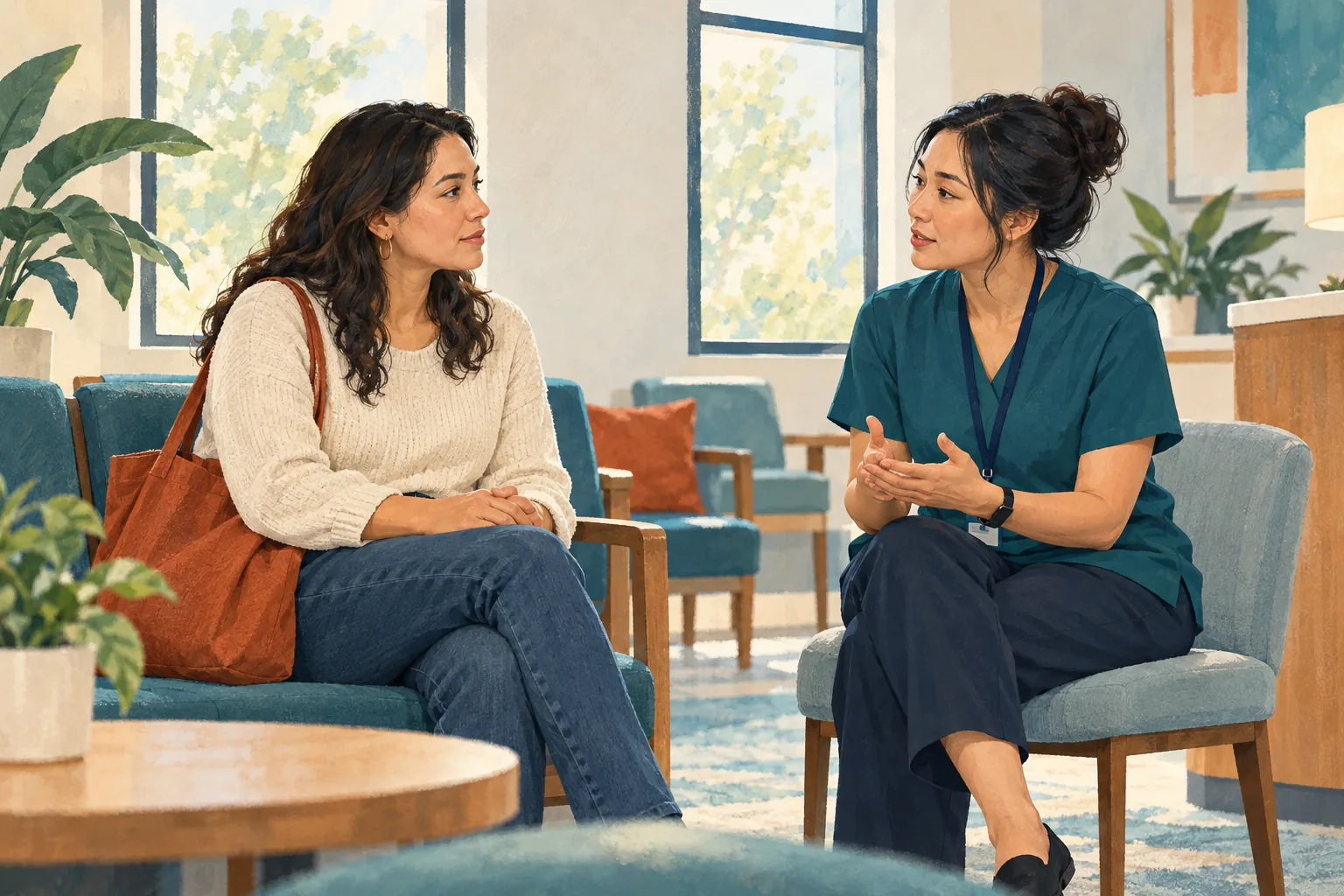 A research coordinator sits beside a participant in a sunlit waiting room to explain a visit delay.