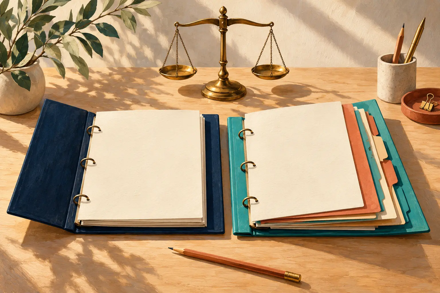 Two open binders, one with added tabbed pages, sit beside a balance scale in warm daylight.